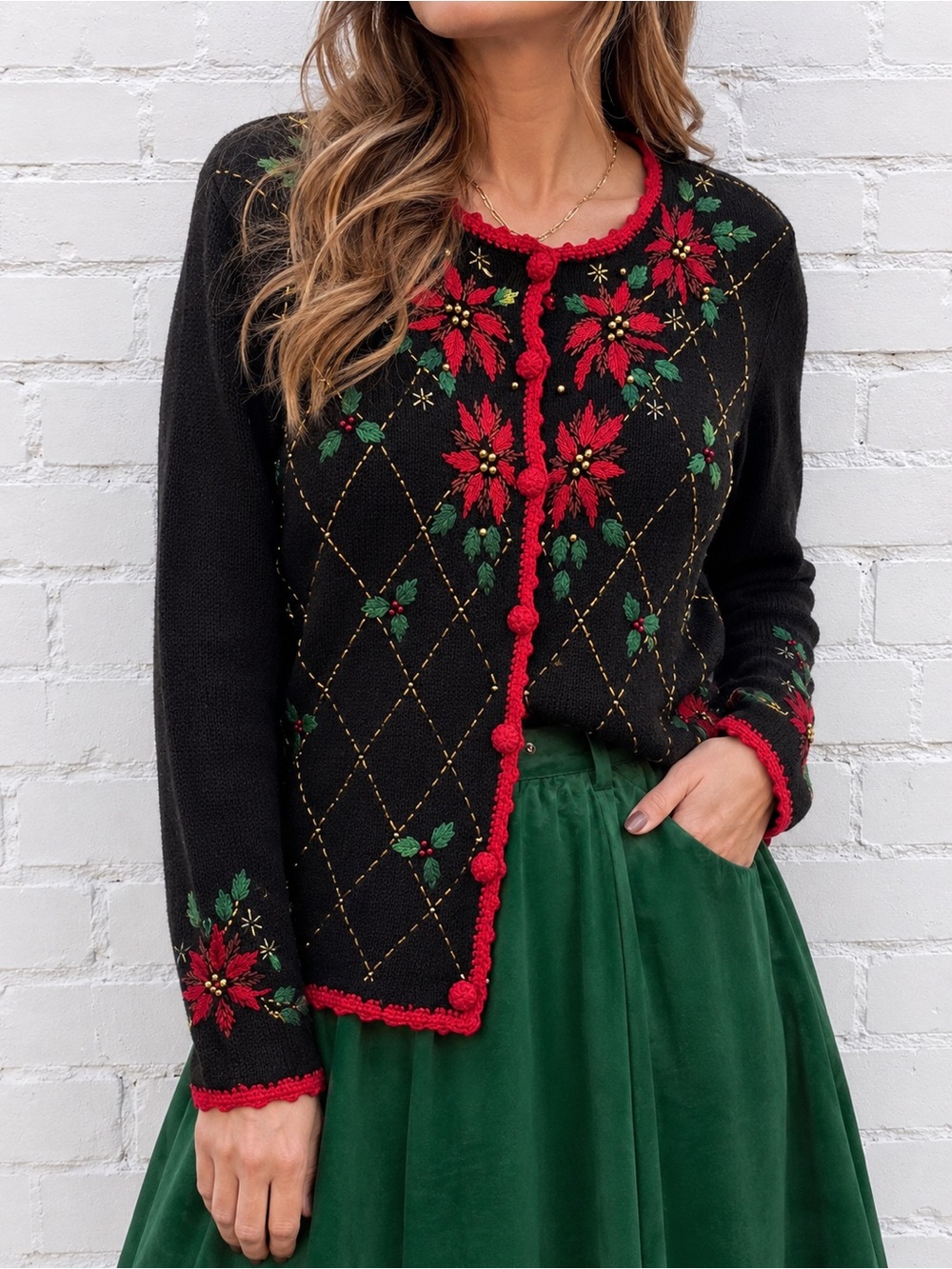 Vintage Work in Progress Poinsettia Christmas Cardigan Beaded Black Red Medium